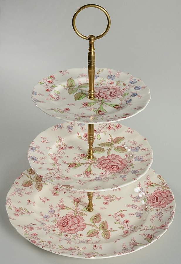Rose Chintz Pink ("Made in England" Mark) 3-Tiered Serving Tray (DP, SP, BB) by Johnson Brothers-1