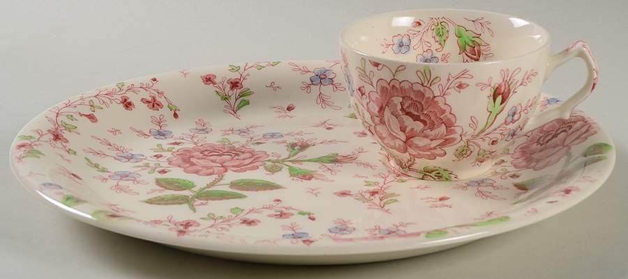 Rose Chintz Pink ("Made in England" Mark) Snack Plate & Cup Set by Johnson Brothers-1