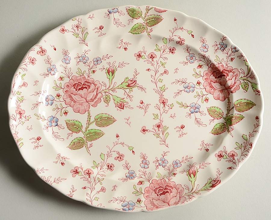 Rose Chintz Pink ("Made in England" Mark) 11" Oval Serving Platter by Johnson Brothers-1