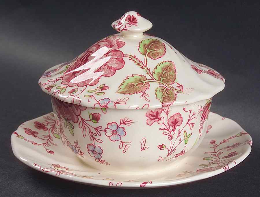 Rose Chintz Pink ("Made in England" Mark) Mayonnaise with Attached Underplate & Lid by Johnson Brothers-1