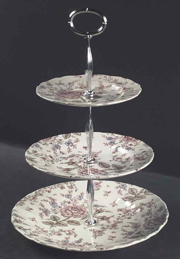 Rose Chintz Pink ("Made in England" Mark) 13 7/8"-14 1/4" 3-Tiered Serving Tray(DP,SP,BB) HC by Johnson Brothers-1