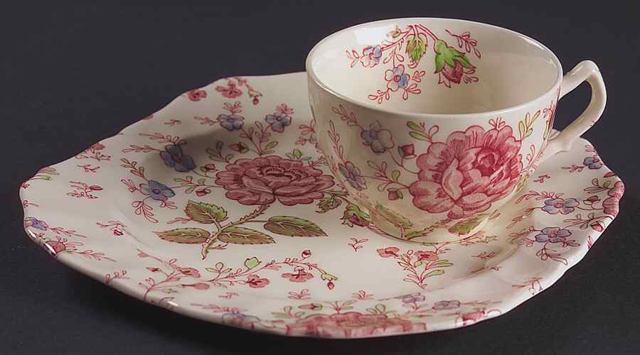 Rose Chintz Pink ("Made in England" Mark) Snack Plate & Cup Set by Johnson Brothers-1