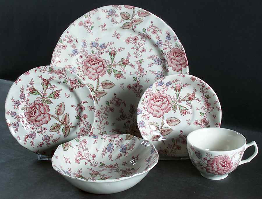 Rose Chintz Pink ("Made in England" Mark) Csfl,Dp,Bb,Cerq 5-Piece Place Set by Johnson Brothers-1