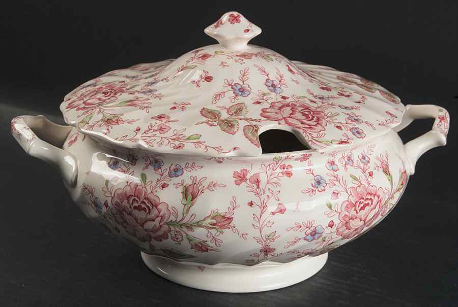 Rose Chintz Pink ("Made in England" Mark) Tureen &  Lid by Johnson Brothers-1