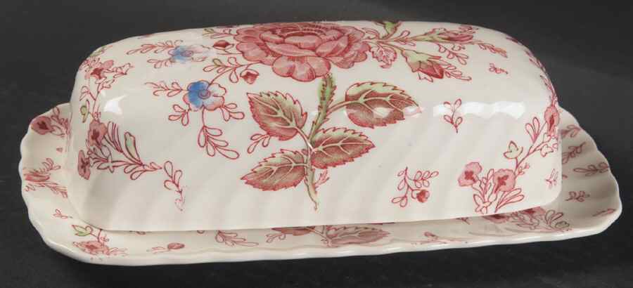 Rose Chintz Pink ("Made in England" Mark) 1/4 Lb Covered Butter by Johnson Brothers-1