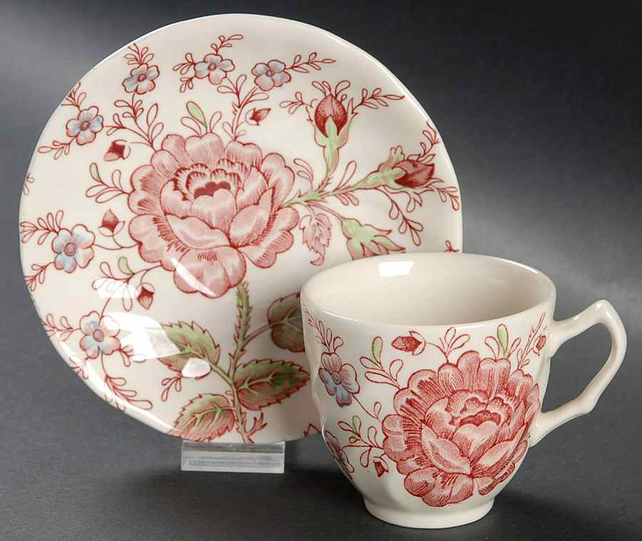 Rose Chintz Pink ("Made in England" Mark) Flat Demitasse Cup & Saucer Set by Johnson Brothers-1