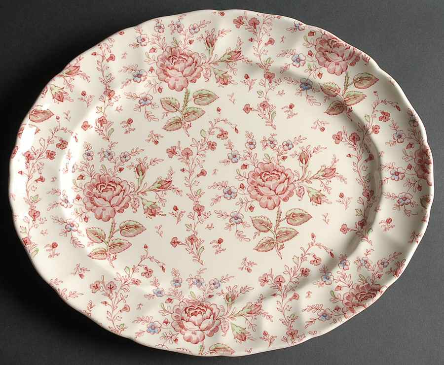 Rose Chintz Pink ("Made in England" Mark) 15" Oval Serving Platter by Johnson Brothers-1
