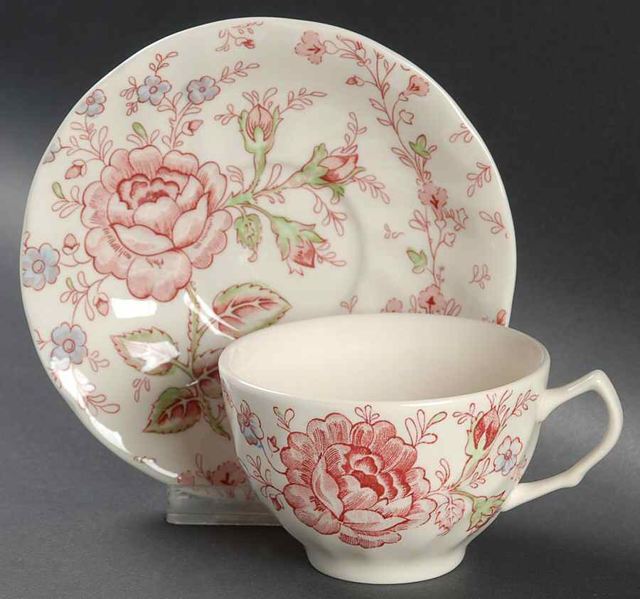 Rose Chintz Pink ("Made in England" Mark) Flat Cup & Saucer Set by Johnson Brothers-1