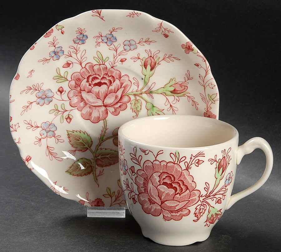 Rose Chintz Pink ("Made in England" Mark) Flat Cup & Saucer Set by Johnson Brothers-1