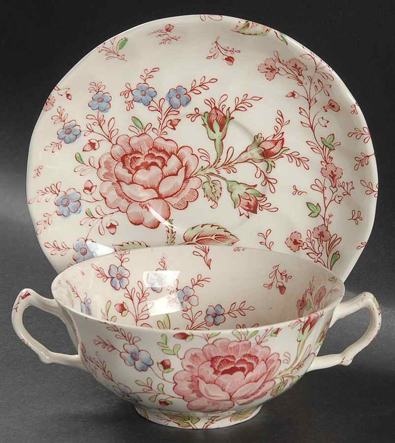 Rose Chintz Pink ("Made in England" Mark) Flat Cream Soup Bowl & Saucer Set by Johnson Brothers-1
