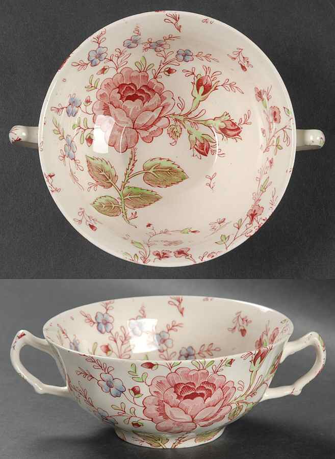 Rose Chintz Pink ("Made in England" Mark) Flat Cream Soup Bowl by Johnson Brothers-1