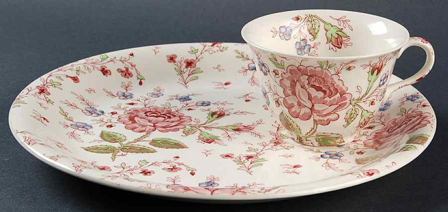 Rose Chintz Pink ("Made in England" Mark) Snack Plate & Cup Set by Johnson Brothers-1