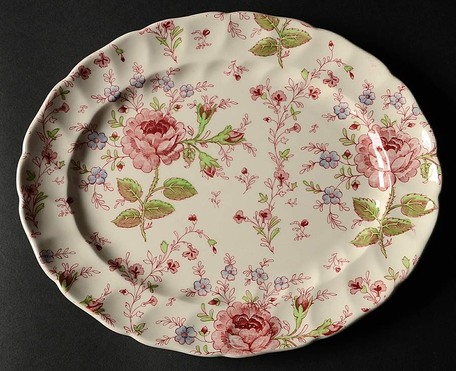 Rose Chintz Pink ("Made in England" Mark) 10" Oval Serving Platter by Johnson Brothers-1