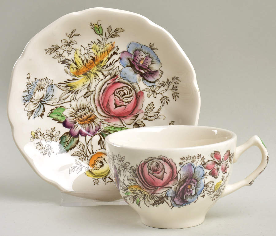 Sheraton (Floral Center) Flat Cup & Saucer Set by Johnson Brothers-1