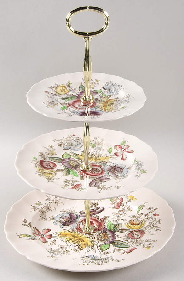 Sheraton (Floral Center) 13 7/8"-14 1/4" 3-Tiered Serving Tray(DP,SP,BB) HC by Johnson Brothers-1
