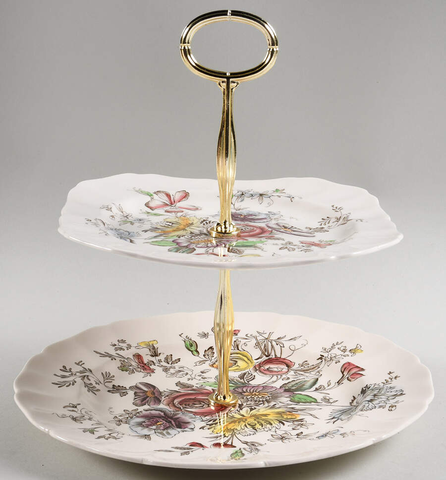 Sheraton (Floral Center) 6 5/8"-10"  2 Tiered Serving Tray (Dp, Sp) HC by Johnson Brothers-1