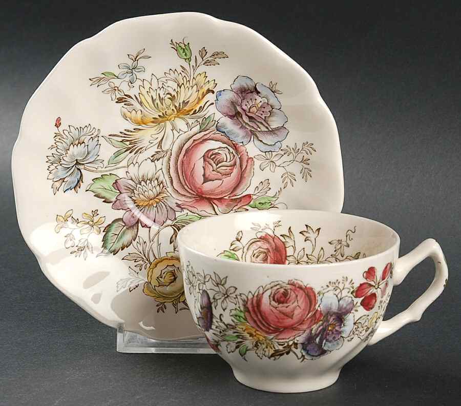Sheraton (Floral Center) Flat Cup & Saucer Set by Johnson Brothers-1