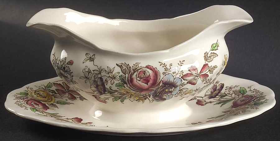 Sheraton (Floral Center) Gravy Boat with Attached Underplate by Johnson Brothers-1