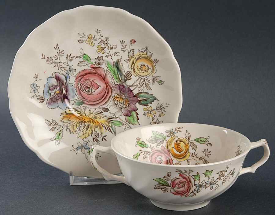 Sheraton (Floral Center) Flat Cream Soup Bowl & Saucer Set by Johnson Brothers-1