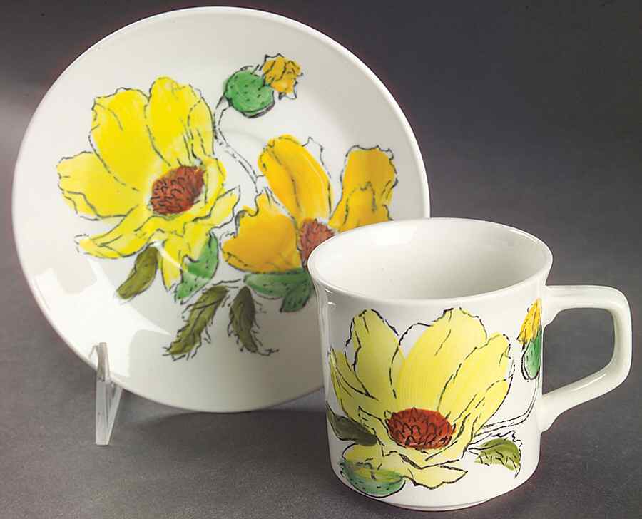 Sierra (White Background, Yellow Flowers) Flat Cup & Saucer Set by Johnson Brothers-1