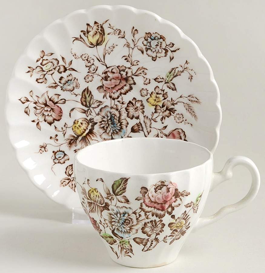 Staffordshire Bouquet Brown Multicolor Flat Cup & Saucer Set by Johnson Brothers-1