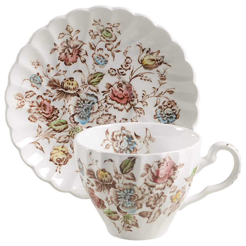 Staffordshire Bouquet Brown Multicolor Flat Cup & Saucer Set by Johnson Brothers-1