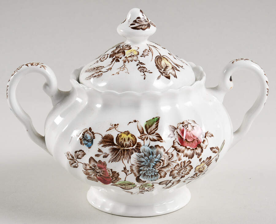 Staffordshire Bouquet Brown Multicolor Sugar Bowl & Lid by Johnson Brothers-1