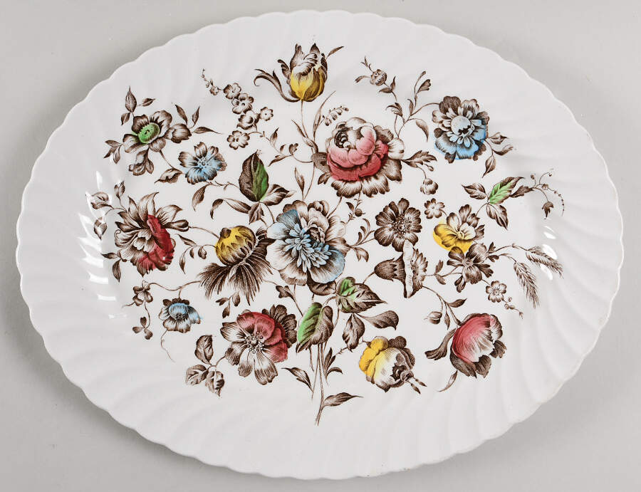 Staffordshire Bouquet Brown Multicolor 13" Oval Serving Platter by Johnson Brothers-1