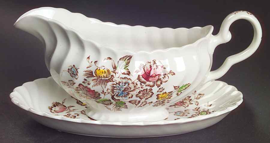 Staffordshire Bouquet Brown Multicolor Gravy Boat & Underplate/Relish by Johnson Brothers-1