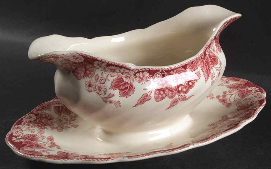 Strawberry Fair Pink Gravy Boat with Attached Underplate by Johnson Brothers-1