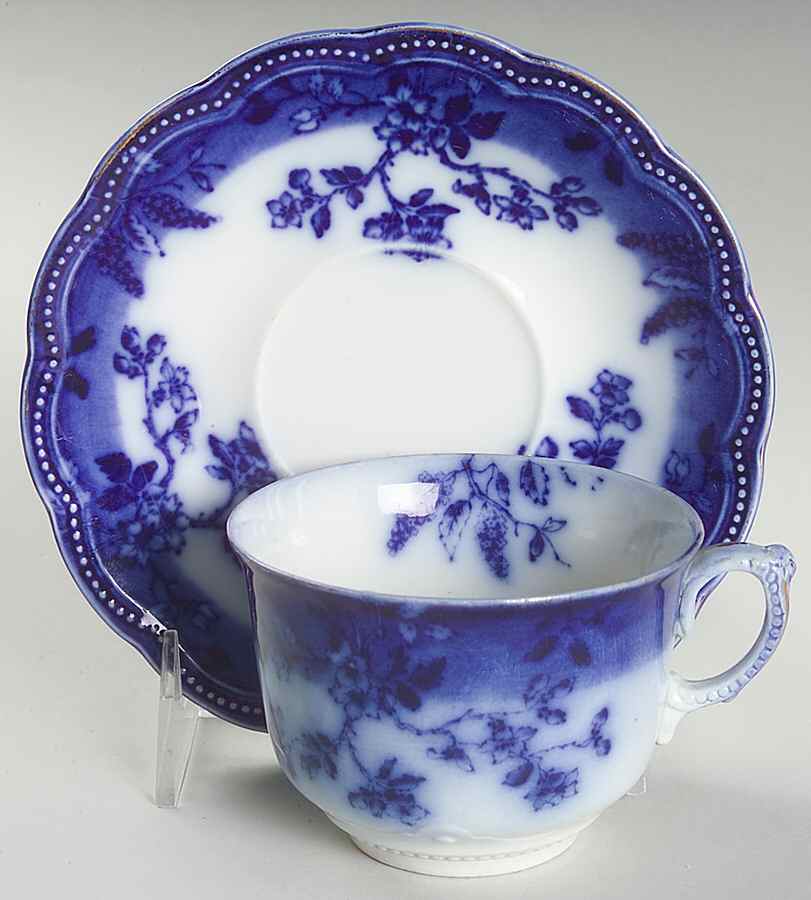 St Louis (Flow Blue) Flat Cup & Saucer Set by Johnson Brothers-1