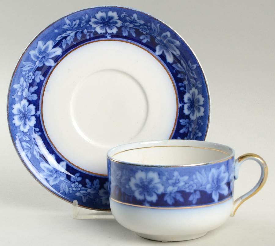 Turin Blue (Flow Blue) Flat Cup & Saucer Set by Johnson Brothers-1