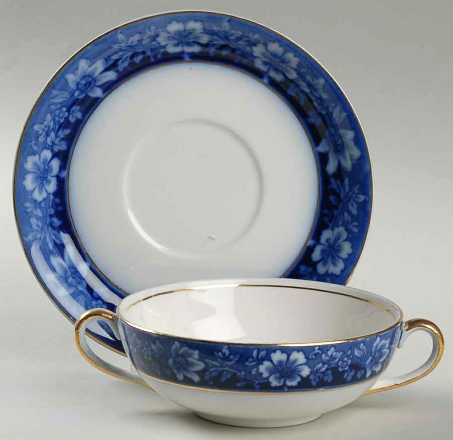 Turin Blue (Flow Blue) Flat Cream Soup Bowl & Saucer Set by Johnson Brothers-1