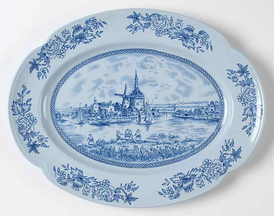 Tulip Time Blue (Blue Background) 12" Oval Serving Platter by Johnson Brothers-1
