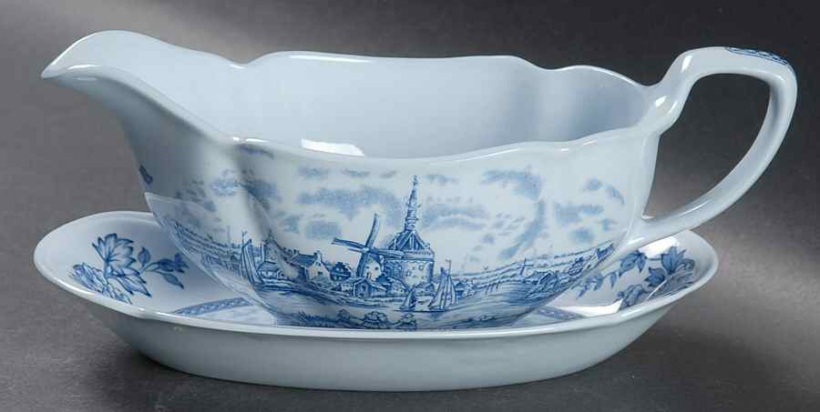 Tulip Time Blue (Blue Background) Gravy Boat & Underplate/Relish by Johnson Brothers-1