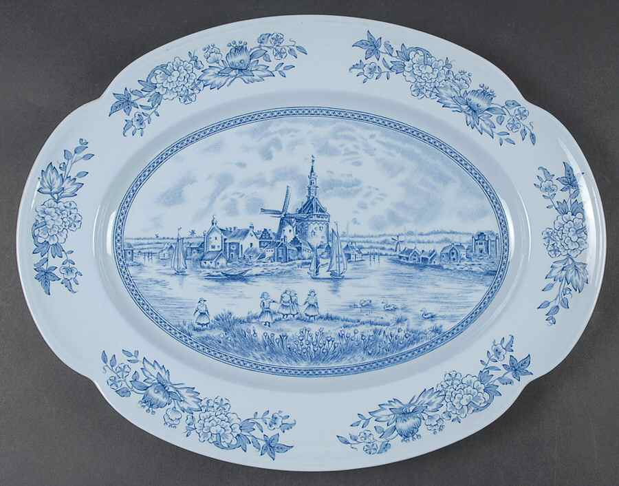 Tulip Time Blue (Blue Background) 14" Oval Serving Platter by Johnson Brothers-1