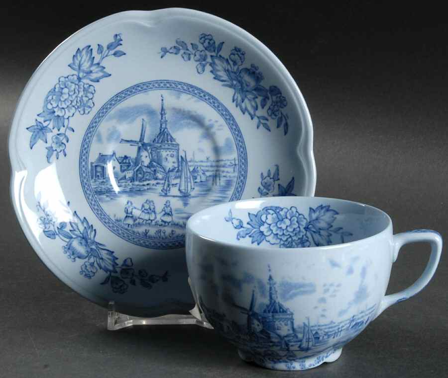 Tulip Time Blue (Blue Background) Flat Cup & Saucer Set by Johnson Brothers-1