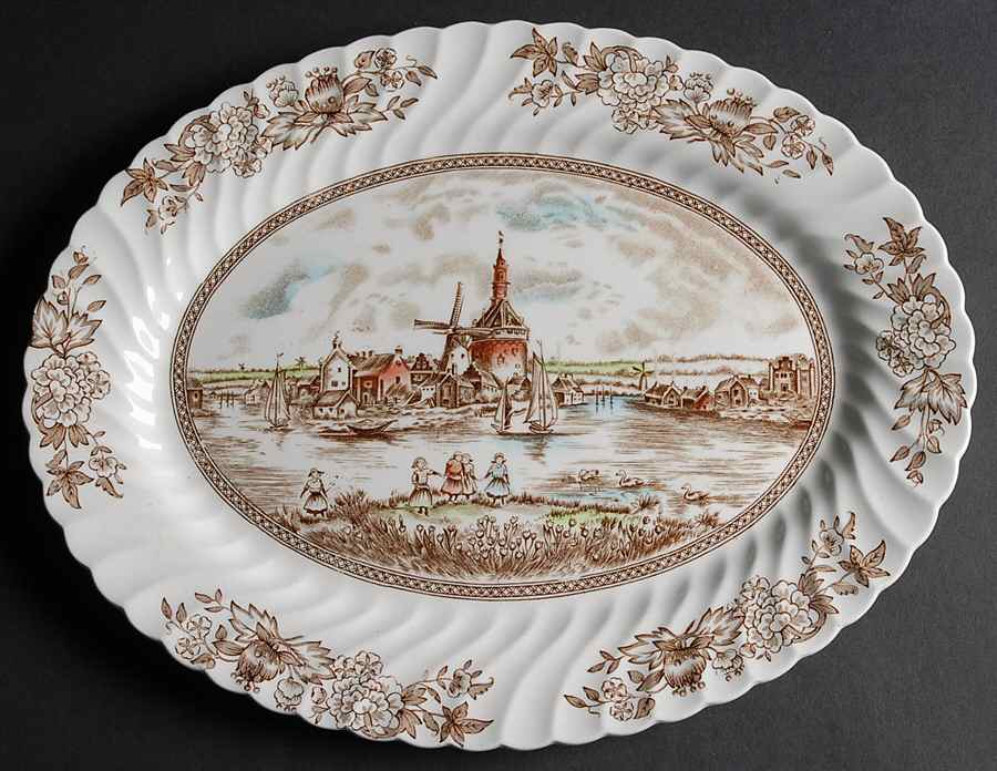 Tulip Time Brown Multicolor 14" Oval Serving Platter by Johnson Brothers-1