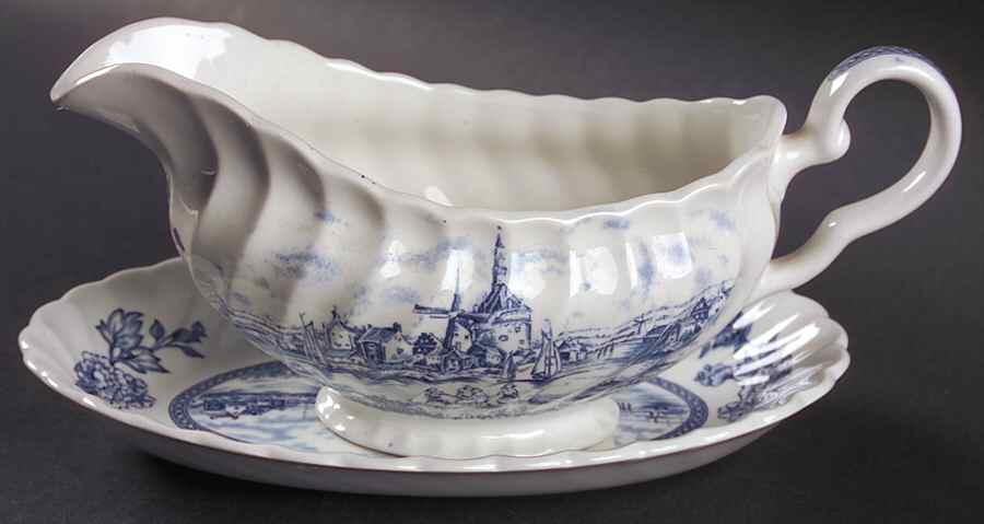 Tulip Time Blue (White Background) Gravy Boat & Underplate/Relish by Johnson Brothers-1
