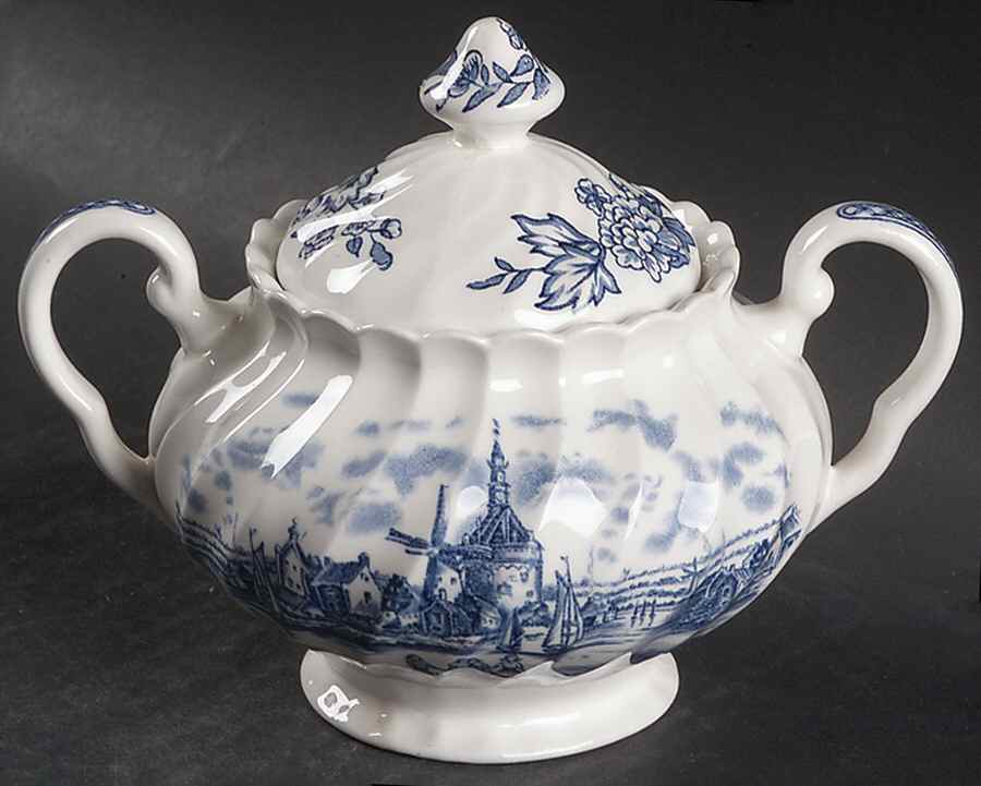 Tulip Time Blue (White Background) Sugar Bowl & Lid by Johnson Brothers-1