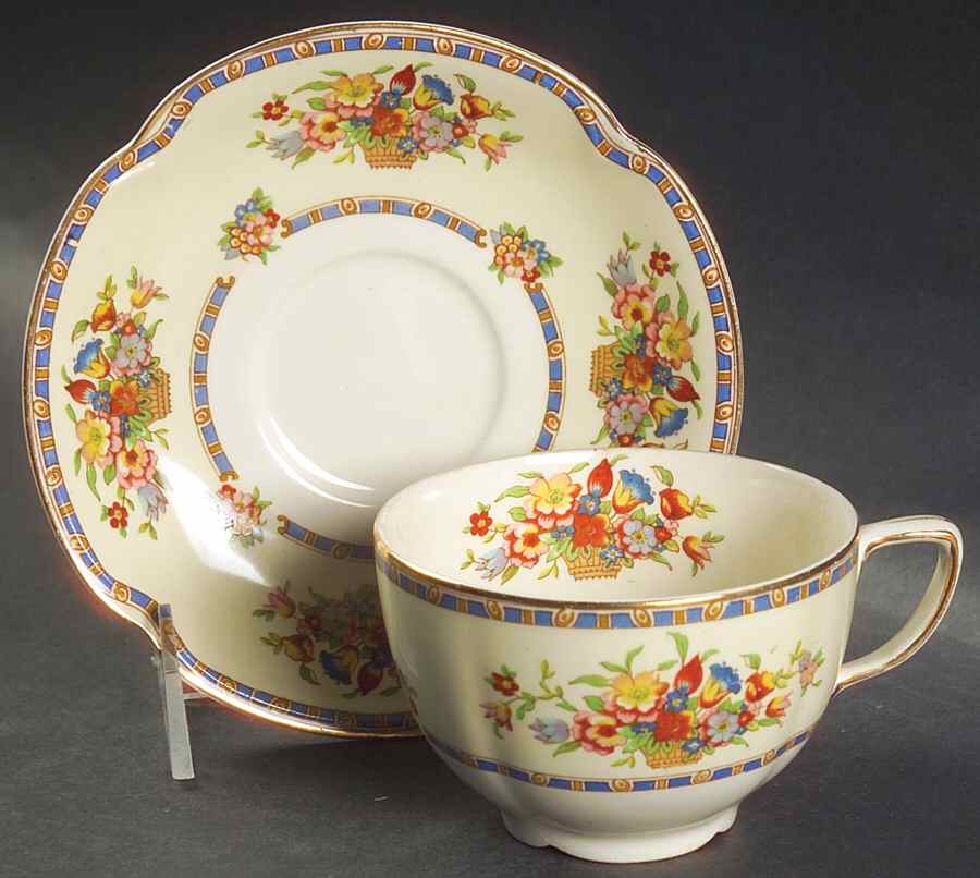 Victoria (Floral Basket) Flat Cup & Saucer Set by Johnson Brothers-1