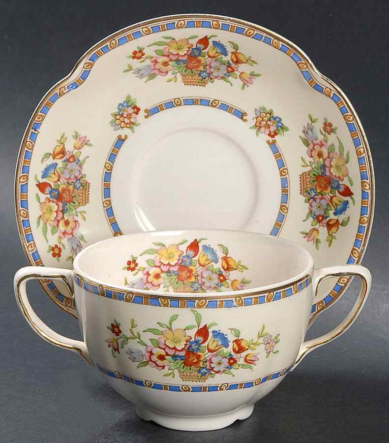Victoria (Floral Basket) Flat Bouillon Cup & Saucer by Johnson Brothers-1