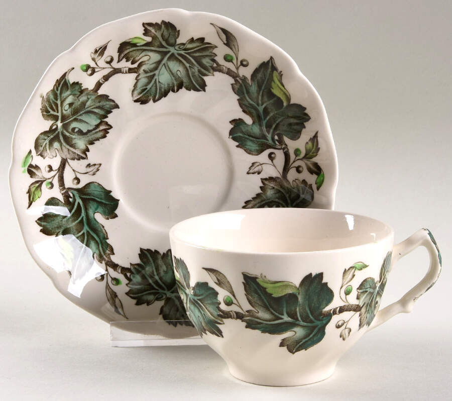 Vintage Cream (Green Ivy & Berries) Flat Cup & Saucer Set by Johnson Brothers-1