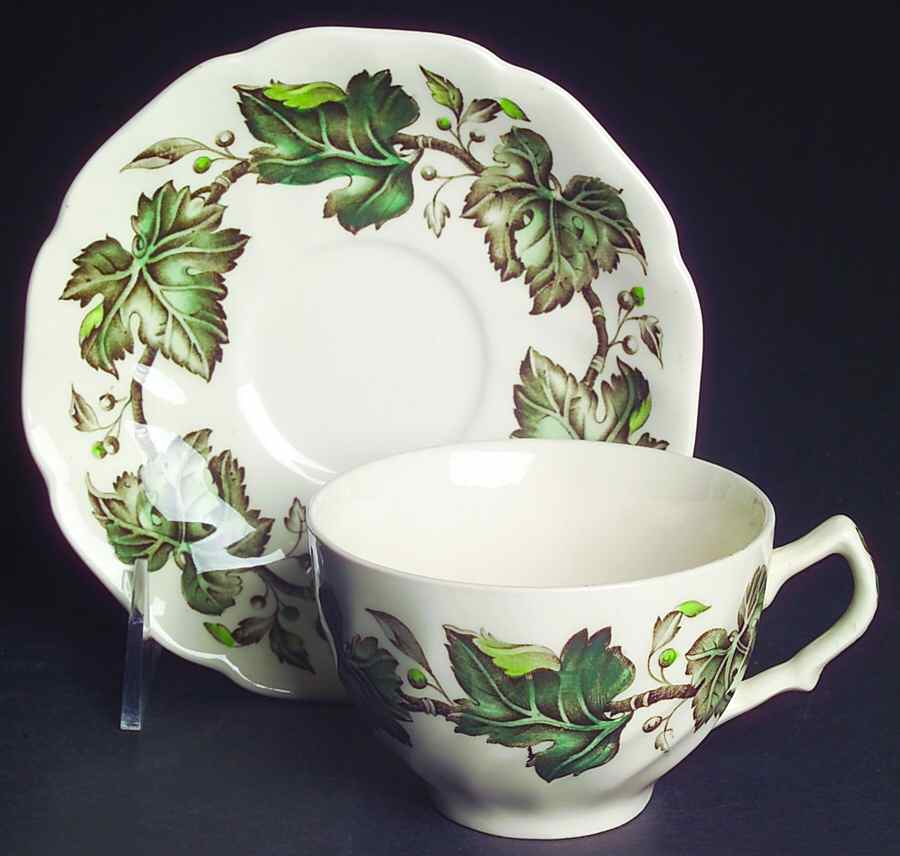 Vintage Cream (Green Ivy & Berries) Flat Cup & Saucer Set by Johnson Brothers-1