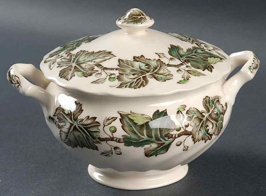 Vintage Cream (Green Ivy & Berries) Sugar Bowl & Lid by Johnson Brothers-1