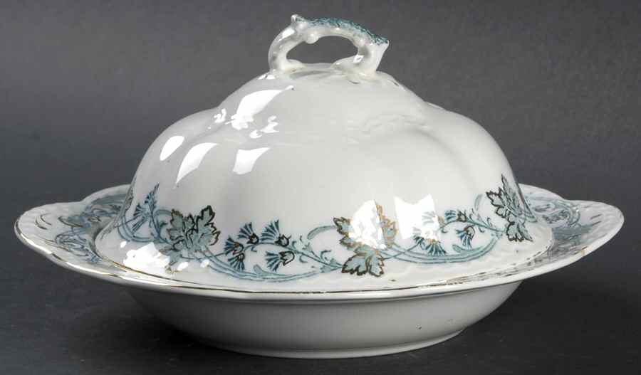 Vintage White (Blue Green Leaves, Gold Trim) Round Covered Butter by Johnson Brothers-1