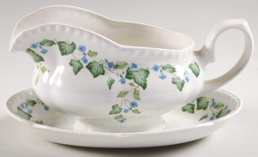 Vintage (Newer, Green Ivy, Blue Flowers) Gravy Boat & Underplate by Johnson Brothers-1