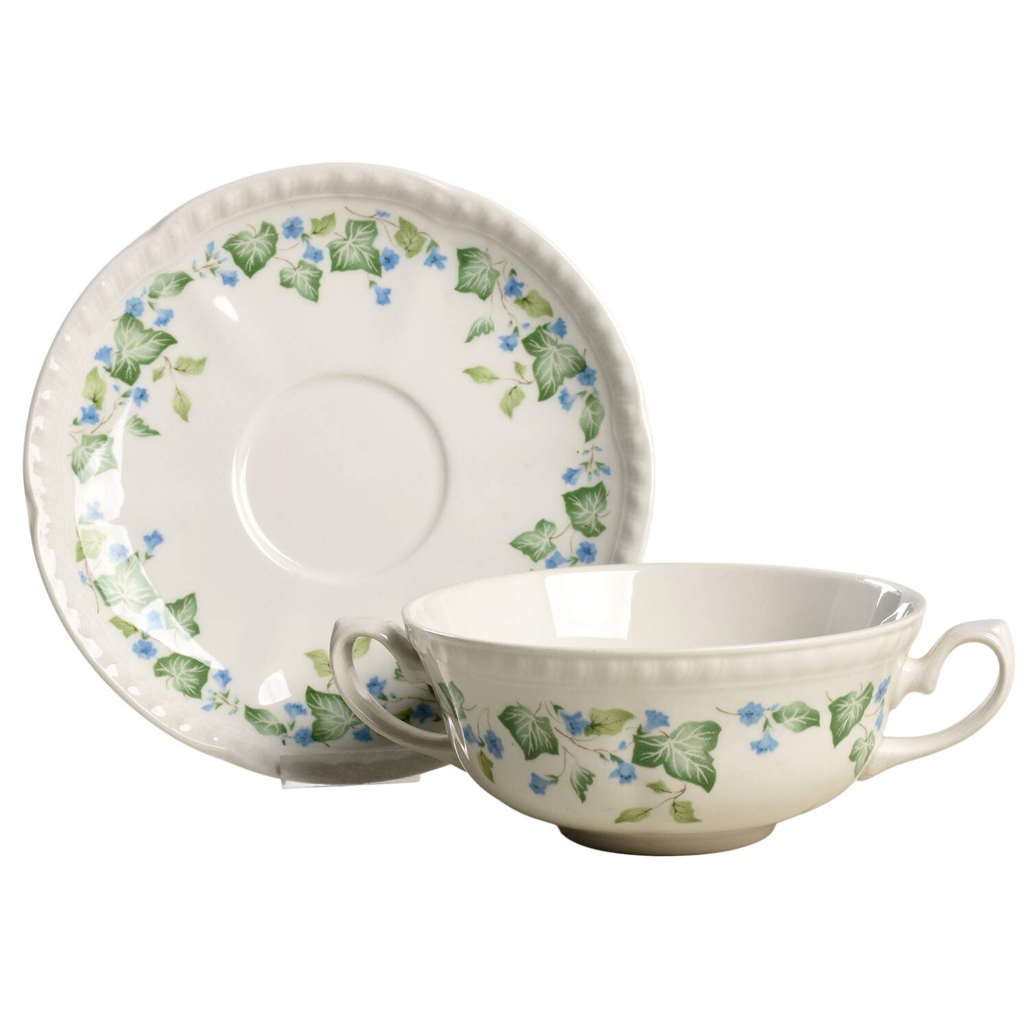 Vintage (Newer, Green Ivy, Blue Flowers) Flat Cream Soup Bowl & Saucer Set by Johnson Brothers-1