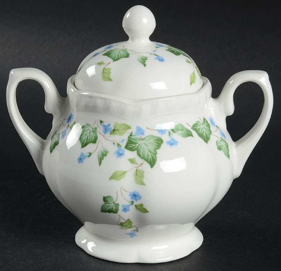 Vintage (Newer, Green Ivy, Blue Flowers) Sugar Bowl & Lid by Johnson Brothers-1