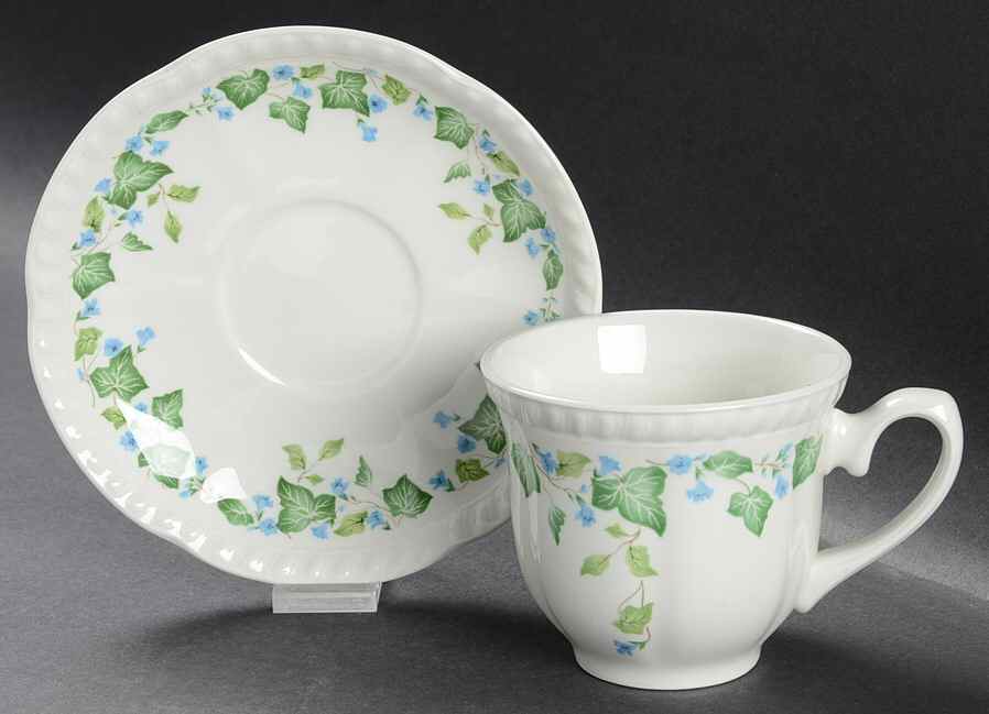 Vintage (Newer, Green Ivy, Blue Flowers) Flat Cup & Saucer Set by Johnson Brothers-1